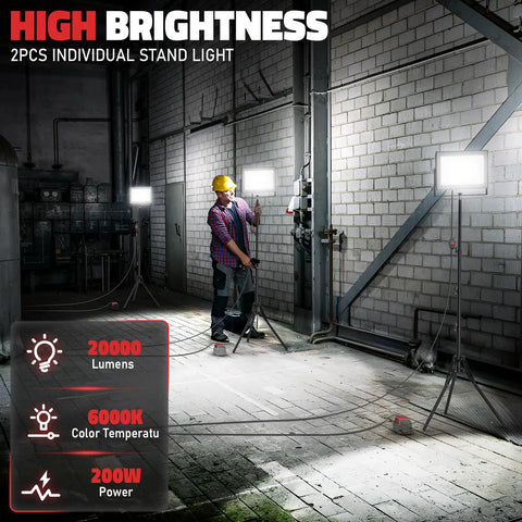 Heavy Duty 200W LED Work Lights With Stand Two Pack Compatible With Milwaukee Battery in workshop setting