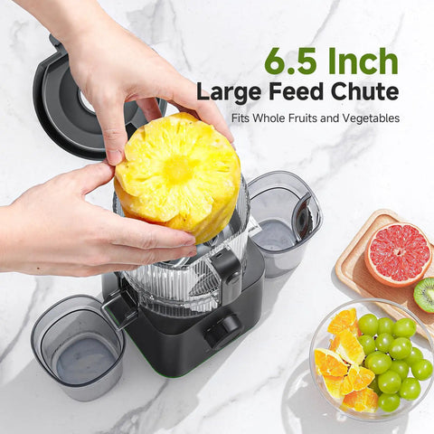 Top Rated 3-In-1 Cold Press Juicer For Juice, Nut Milk And Sorbet. Large 6.5 inch feed chute fits whole pineapple and other fruits.