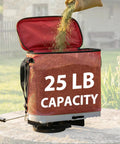 Big 25 Lb Seed Spreader For Lawn And Garden with shoulder strap being filled with seeds outdoors on a sunny day