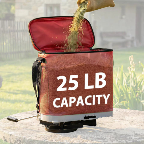 Big 25 Lb Seed Spreader For Lawn And Garden with shoulder strap being filled with seeds outdoors on a sunny day