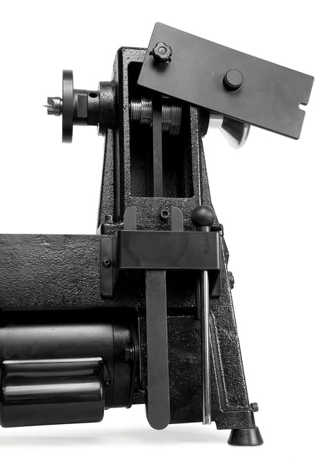 WEN LA3424 benchtop wood lathe, left-side view; black metal with headstock and tool rest