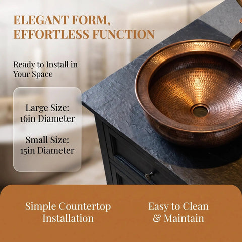 Bathroom Copper Sink 16in diameter, countertop vanity sink with drain & hose on a stone surface, easy to clean, for home decoration.