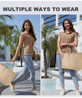 Woman holding a 12 Pack Burlap Tote Bags Bulk Reusable Gift Bags With Handles And Inner Zipper Pocket Laminated Interior X Large Jute Beach Bag.
