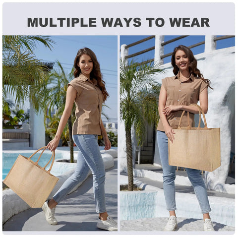 Woman holding a 12 Pack Burlap Tote Bags Bulk Reusable Gift Bags With Handles And Inner Zipper Pocket Laminated Interior X Large Jute Beach Bag.