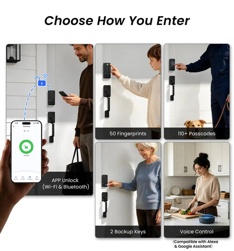 Sick Matte Black Wifi Smart Fingerprint Deadbolt Front Door Lock Built In Wifi Enables Hassle Free App Control and Security Checks without a Hub featuring multiple entry options.