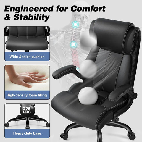 Ergonomic Office Chair For Home Or Office With Adjustable Lumbar Support Leather High Back Executive Style Flip Up Arms Rocking Mechanism All Day Comfort Black Finish, showing wide cushion and solid base.