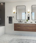 Modern bathroom with Widespread Bathroom Sink Faucet With Matte Black Finish, 8 Inch Centers, Dual Handle, 3 Hole Deck Mount, in vanity.