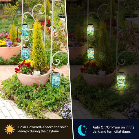 Three Piece Solar Powered Mosaic Lights Set For Outdoor Hanging Use Blue Lanterns Waterproof Night Lights For Tree Garden Patio Yard And Party Decor With Easy Hook Design Perfect For Indoor And Outdoor Vibe shining in garden at night and day.