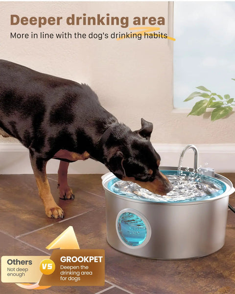 Dog drinking from 7L Large Breed Pet Water Fountain Stainless Steel Quiet Indoor Dog Waterer For Large Dogs And Cats In Multi Pet Homes, Rustproof 304 Stainless, Noiseless Operation, Anti Chin Stain, Easy To Clean with deeper drinking area in home environment.