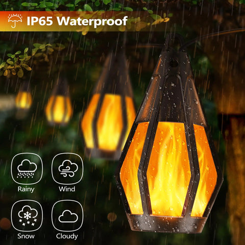 Outdoor Solar String Lights 33Ft With 15 Realistic Flickering Flame Bulbs Waterproof Warm White in rain and wind