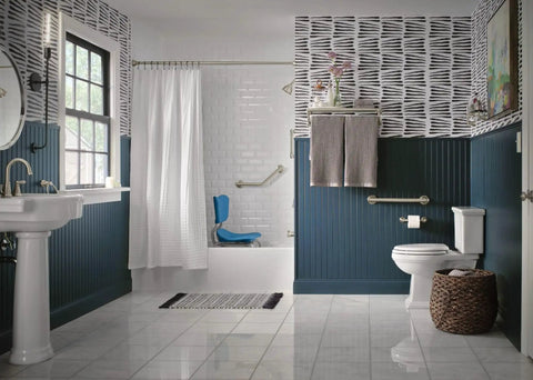 Modern bathroom with Banbury Brushed Nickel Towel Ring Built To Last, 6 Inch Aluminum Ring With Zinc Post, wall-mounted by sink.