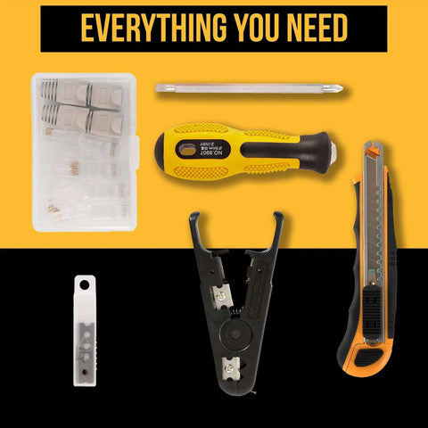 All-In-One 15-In-1 Network Tool Kit For Ethernet Cabling with crimp tool, punch down tool, connectors, and knife in lightweight case