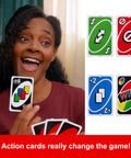 Total Kick Back Uno Card Game For Weekend Hangouts, showing action cards with a smiling player holding cards, colorful design.