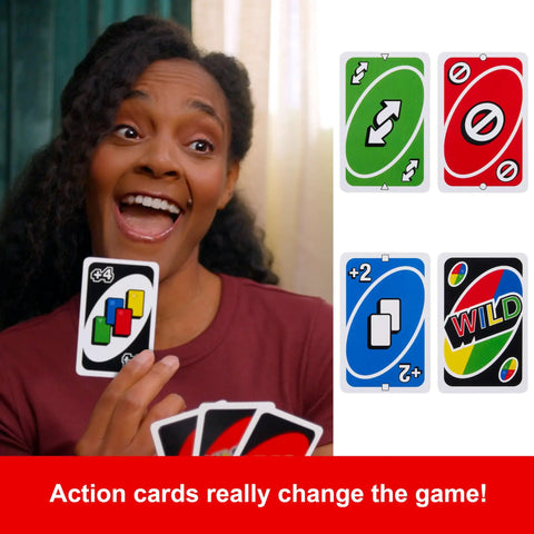 Total Kick Back Uno Card Game For Weekend Hangouts, showing action cards with a smiling player holding cards, colorful design.