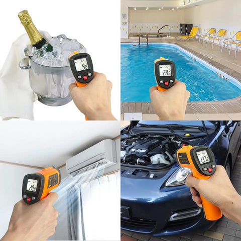 Non Contact Infrared Thermometer For Home Cooks And Shop Floor Pros With LCD Display Switchable Celsius Fahrenheit Temperature Range From Minus 58 Fahrenheit To 1022 Fahrenheit Backlit Screen Data Hold Low Battery Indicator Auto Off used on ice bucket, pool, AC and car engine