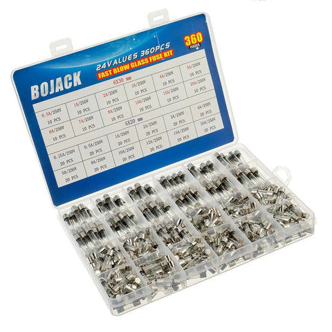 Fast Blow Glass Fuse Assortment Kit 360 Pieces 5x20mm And 6x30mm 250V 0.25A To 20A in clear box with open lid