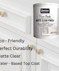 Matte Clear Top Coat Sealer for Metal and Wood Furniture, water-based acrylic paint, container on white furniture background.