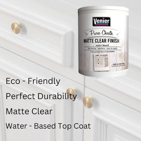Matte Clear Top Coat Sealer for Metal and Wood Furniture, water-based acrylic paint, container on white furniture background.