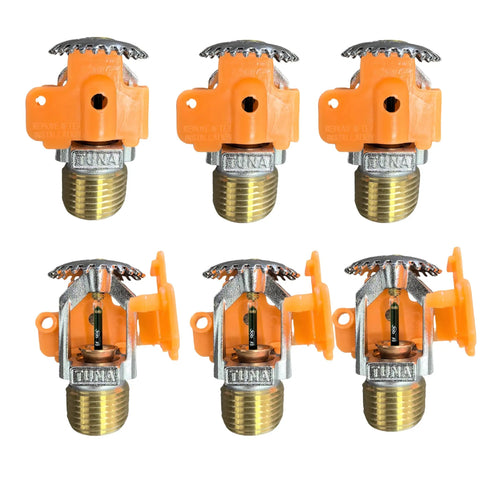 No Worries Quick Response Fire Sprinkler Heads Upright Chrome Spray Two Hundred Degrees Rating Half Inch Npt Hookup pack of six chrome sprinkler heads.