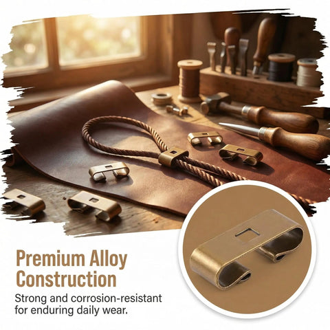 24 Piece Bolo Tie Clasp Kit With Rectangle Slide Clips For Jewelry Making Cord Slider Clasps And Accessories For DIY Western Bolo Tie Craft In Bronze And Platinum Finishes on leather surface with tools