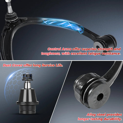 6-Piece Front Upper Control Arm Kit With Lower Ball Joints And Sway Bar Links K80669 K80670 K6541 K700432 For Cadillac Escalade, Silverado, Suburban 1500, Tahoe, Sierra 1500, Yukon 2007-2013 black steel control arm close-up