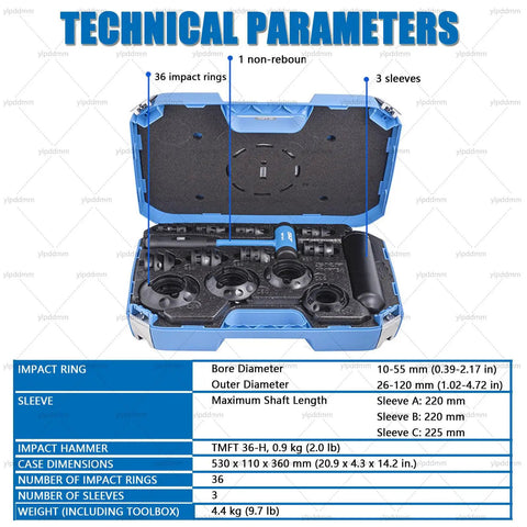 Bearings Installation Tool Set with open case showing 36 impact rings, 3 sleeves, and ergonomic tool for precise repairs.