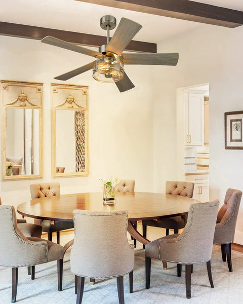 Farmhouse Industrial Ceiling Fan With Light And Remote 48 Inch Beefy Iron Build In Brushed Nickel Finish in dining room