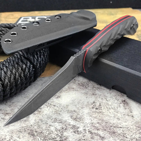 Fixed Blade Knife With D2 Steel Blade, textured G10 handle, and Kydex sheath, displayed on a rope with sheath beside it.