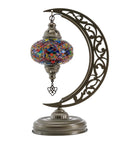 Turkish Moon Shaped Mosaic Table Lamp With Stained Glass Shade, Handmade Boho Vintage Desk Light with ornate base and colorful glass