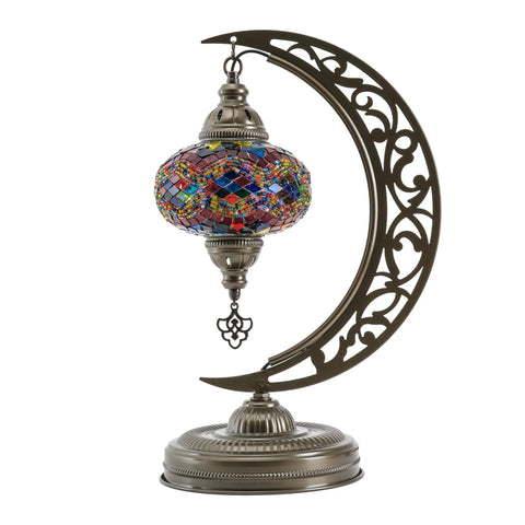 Turkish Moon Shaped Mosaic Table Lamp With Stained Glass Shade, Handmade Boho Vintage Desk Light with ornate base and colorful glass
