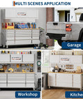 Heavy Duty 61 Inch Tool Chest Cabinet With 15 Drawers, Mobile Garage Workbench, Rubber Wood Top, Power Strip, 1675 Lbs Capacity in garage, workshop, and kitchen setups