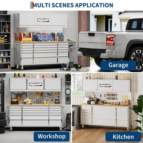 Heavy Duty 61 Inch Tool Chest Cabinet With 15 Drawers, Mobile Garage Workbench, Rubber Wood Top, Power Strip, 1675 Lbs Capacity in garage, workshop, and kitchen setups