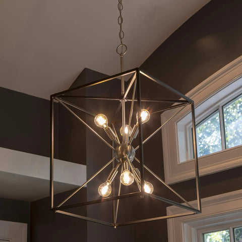 Six Light Sputnik Pendant In Brushed Steel And Glass, glam industrial ceiling light for living room, geometric frame, lit bulbs
