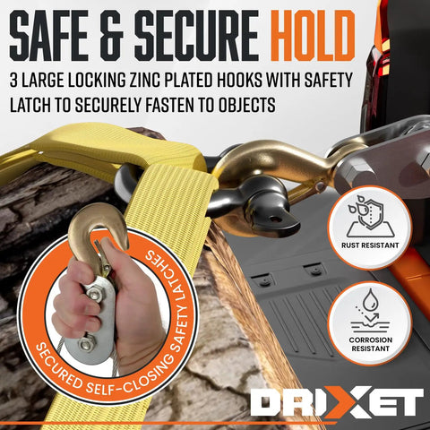 Heavy Duty Come Along Winch 4 Ton Hand Puller with secured self-closing safety latch hooks on metal surface, close-up view.