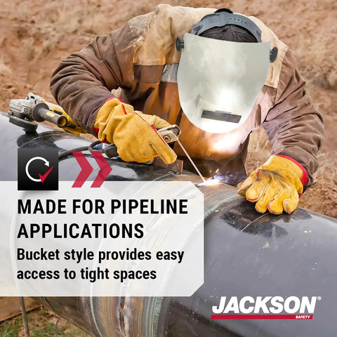 Worker welding pipeline wearing PL280 Pipeline Welding Hood With Shade 10 Flip Front, ANSI Z87.1, Made In USA, fiberglass helmet