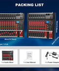 Packing list of Eight Channel DJ Mixer For Home Studio And Live Gigs With Bluetooth And USB MP3 Playback Pro EQ XLR And One Quarter Inch Inputs 48V Phantom Power LED Peak Meter Ideal For Karaoke And Recording, showing mixer dimensions, manual, and power adapter.
