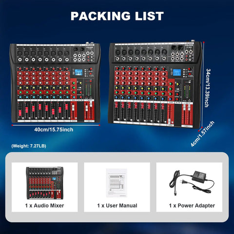 Packing list of Eight Channel DJ Mixer For Home Studio And Live Gigs With Bluetooth And USB MP3 Playback Pro EQ XLR And One Quarter Inch Inputs 48V Phantom Power LED Peak Meter Ideal For Karaoke And Recording, showing mixer dimensions, manual, and power adapter.
