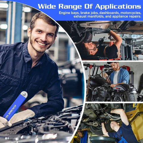 Heavy Duty Offset Extension Wrench Set Featuring Chain Drive Mechanism And Zero Degree Swing Arc used by mechanics in various repair tasks.