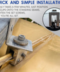 Close-up of metal roof panel clamp installation, showing no drill non-penetrating aluminum bracket with stainless steel screws.