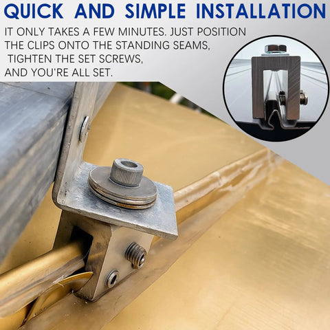 Close-up of metal roof panel clamp installation, showing no drill non-penetrating aluminum bracket with stainless steel screws.