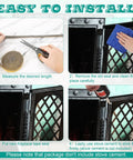 NQEUEPN fiberglass rope fireplace gasket being installed on a wood stove door; four-step installation guide.