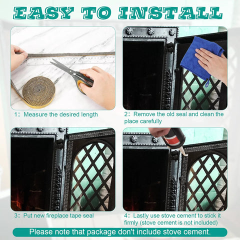 NQEUEPN fiberglass rope fireplace gasket being installed on a wood stove door; four-step installation guide.