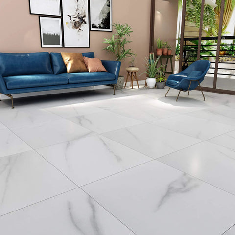 White Peel And Stick Floor Tiles 12x12 Inch 16 Pack Waterproof Vinyl Flooring in a living room with modern furniture and plants