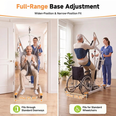 2-in-1 Electric Patient Lift For Seniors With 420 Lbs Capacity Dual Stand Assist And Full Body Suspension Mobility Aid, showing full-range base adjustment.