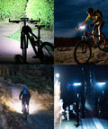 Cyclist using Ultra Bright USB Rechargeable Bike Light with 5 Modes Waterproof MTB Headlight for night riding and commuting.