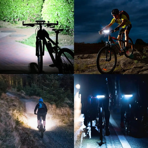 Cyclist using Ultra Bright USB Rechargeable Bike Light with 5 Modes Waterproof MTB Headlight for night riding and commuting.