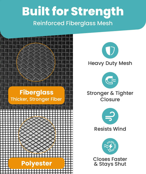 Diagram showing fiberglass and polyester mesh comparisons for Magnetic Screen Door With Auto Seal, Heavy Duty Mesh, 52 Magnets.