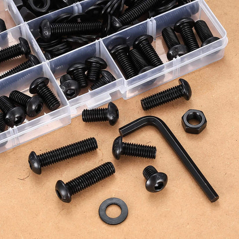 115 Piece M8 Screws And Nuts Assortment Kit with visible hex socket screws, nuts, washers, and included spanner on display