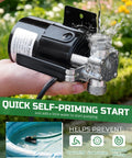 1/10HP Electric Water Transfer Pump With Two 6Ft Garden Hoses demonstrating self-priming feature with water flowing.