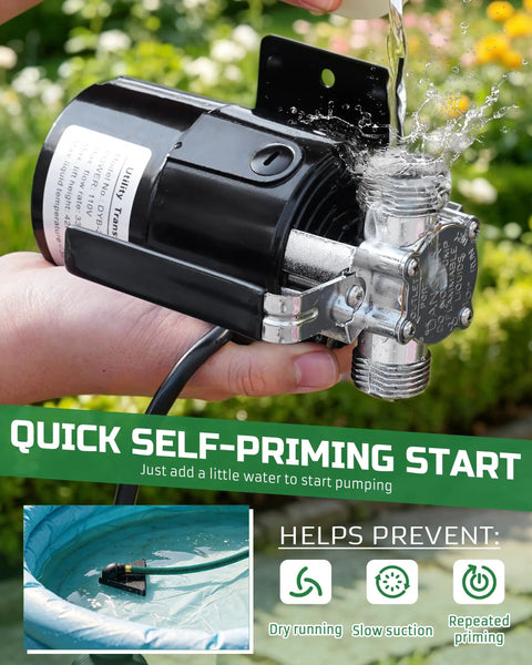 1/10HP Electric Water Transfer Pump With Two 6Ft Garden Hoses demonstrating self-priming feature with water flowing.